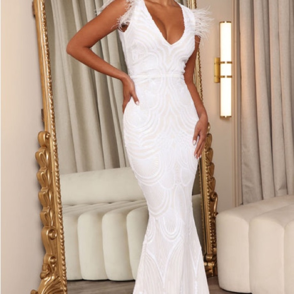 Fashion Nova White Feather-Trim V-Neck Maxi Dress